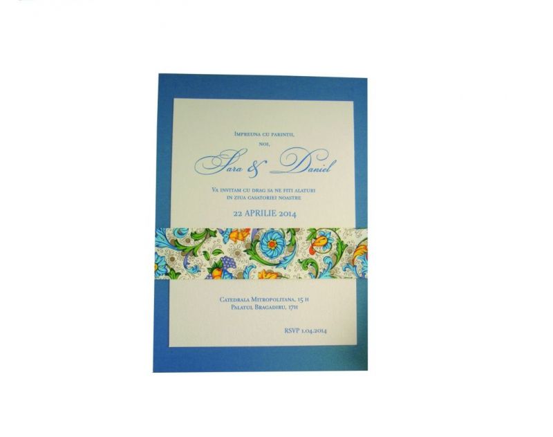 Invitatie nunta cu esarfa din hartie decorativa albastru si auriu - poza 1