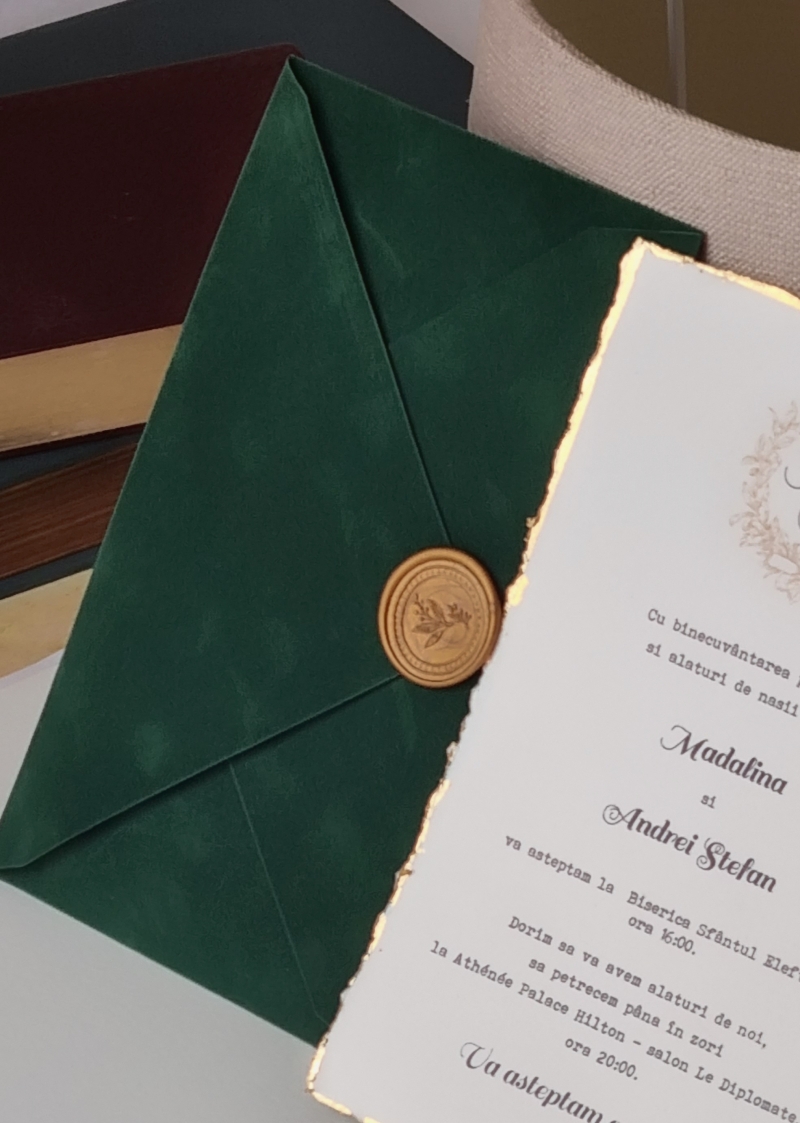 Invitație nunta cu foita aur si plic catifea verde smarald - poza 5