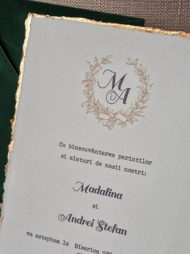 Invitație nunta cu foita aur si plic catifea verde smarald - poza 3