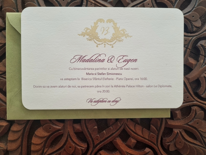 Invitație nunta cu plic catifea verde olive - poza 3