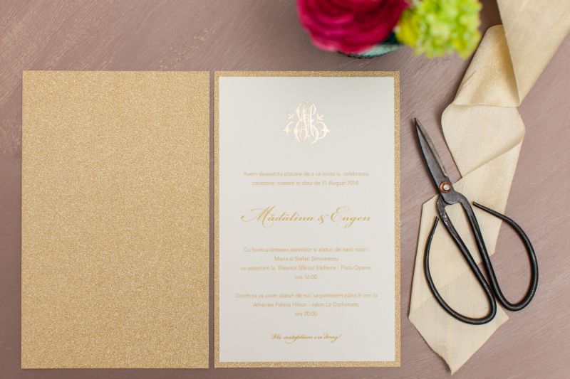 Invitatie nunta carton glitter auriu - poza 3