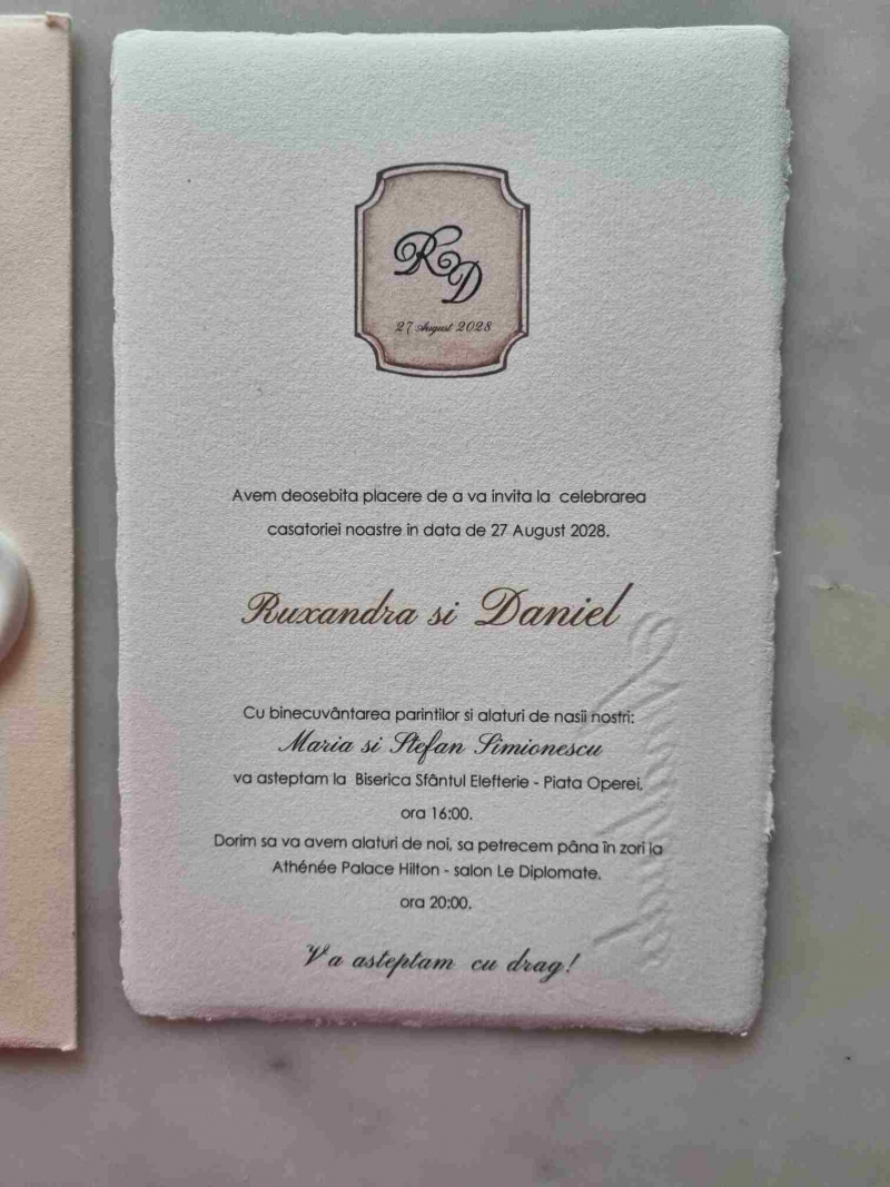 Invitatie nunta plic hartie manuala roz pudrat - poza 4