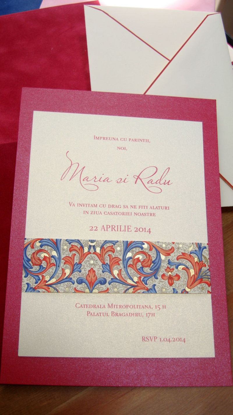 Invitatie nunta banda decorativa design florentin, rosu si auriu - poza 4