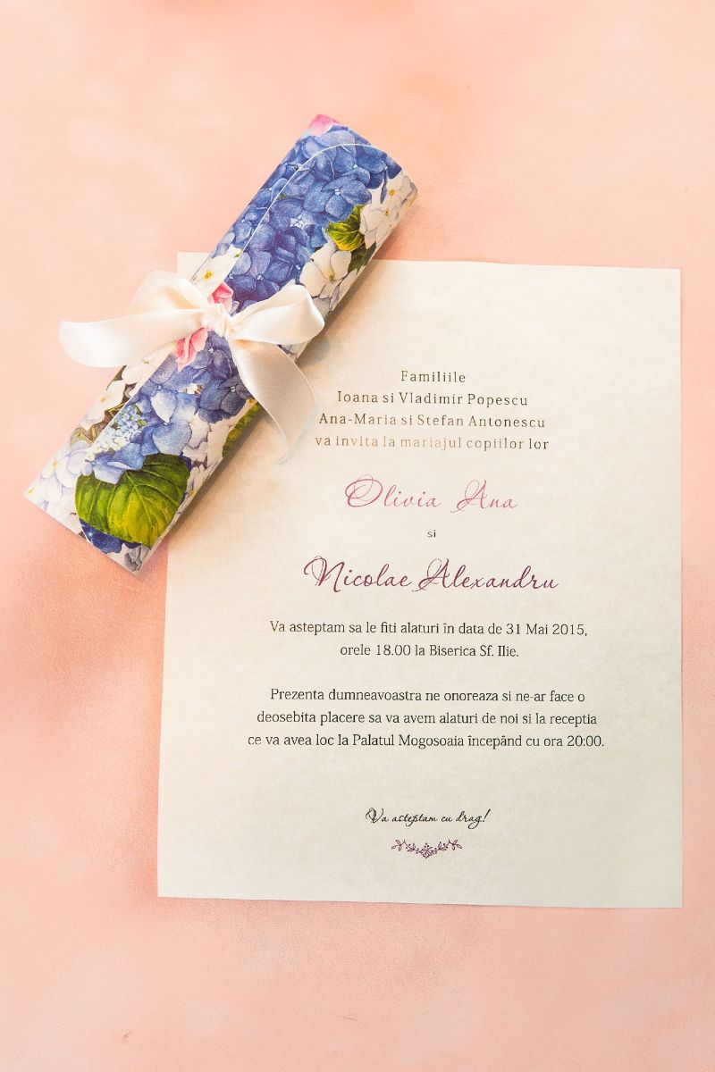 Invitatie nunta scroll cu hortensie - poza 2