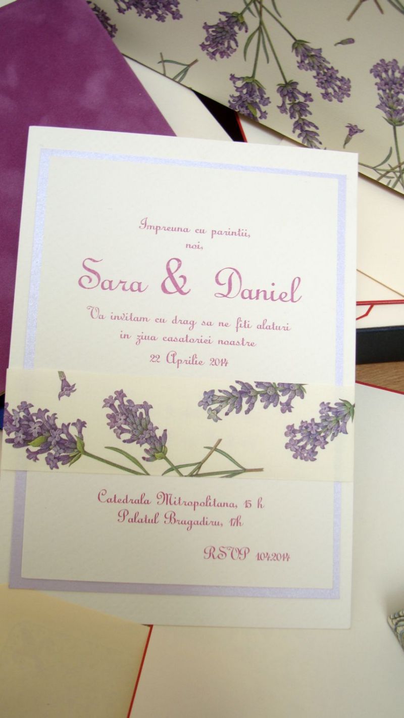 Invitatii nunta rustice, lavanda, provence, lila - poza 2