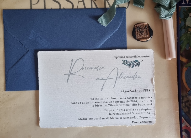 Invitatie nunta cu plic hartie manuala albastra - poza 1