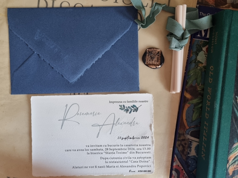 Invitatie nunta cu plic hartie manuala albastra - poza 4