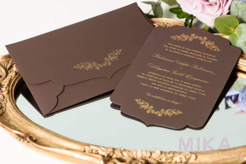 Invitatie nunta eleganta maro cu auriu - poza 1