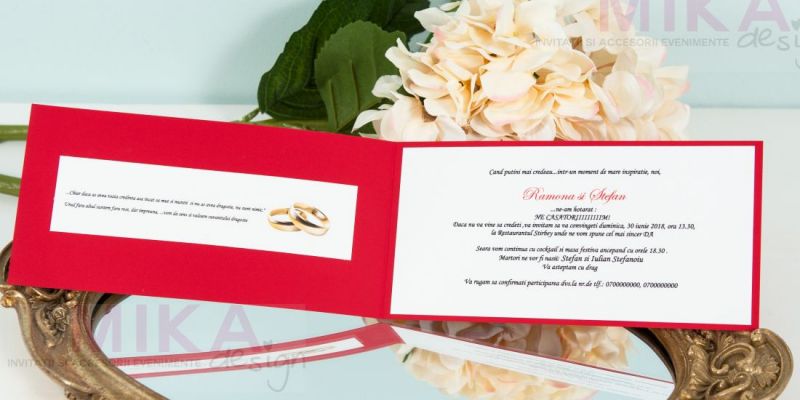 Invitatie nunta rosie cu verighete aurii - poza 4