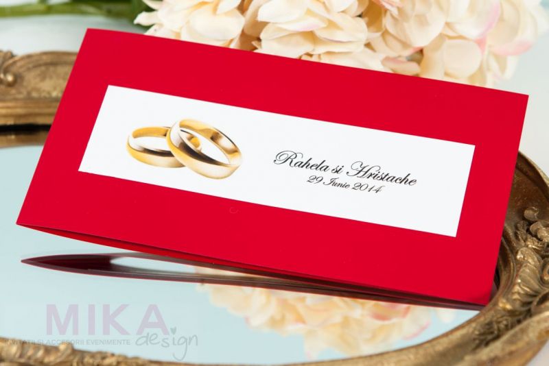 invitatie nunta rosie cu verighete aurii