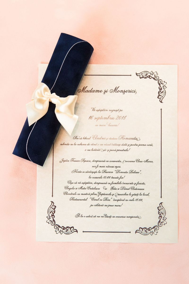 invitatie nunta scroll albastru